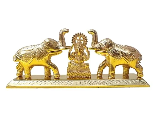 AREMBI Kumkum Box with Ganesh and Double Elephant Design, Sindoor Dani Set with Roli-Chawal Holder, 15.2 cm x 6.5 cm, Metal