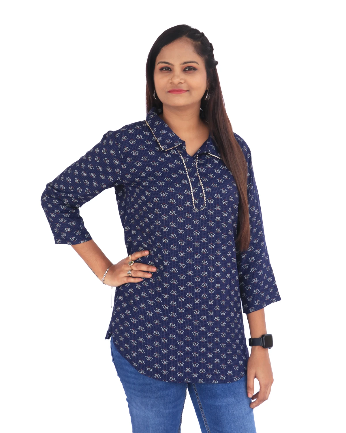 7Seas Divas Navy Blue Rayon Collar Top – Perfect for Jeans, Office, College & Casual Outings