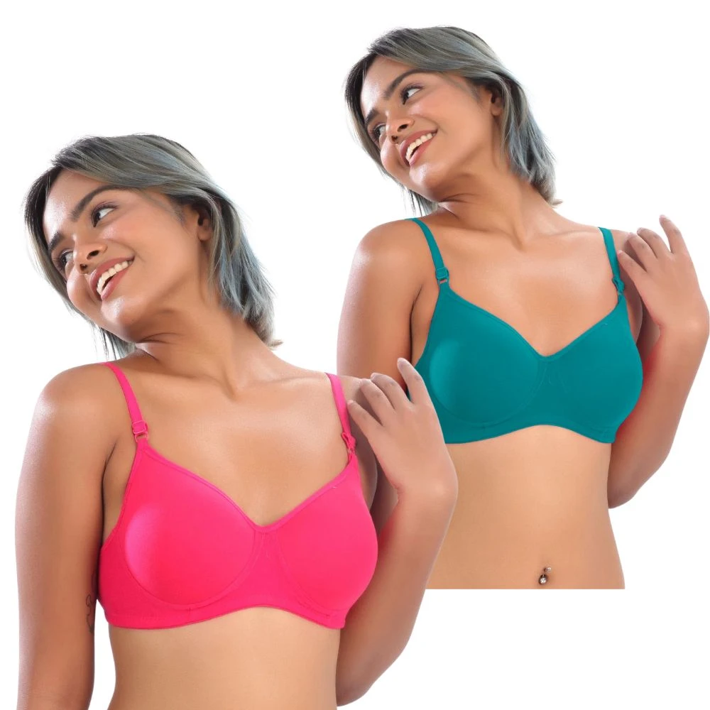 Women’s Cotton Padded Bra| Full Coverage|  T-Shirt Bra| Padded Full Cup Wire Free Bra| All-Day Comfort| Multicolored(Pack Of 2)