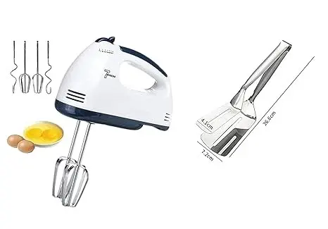 180 W Electric Hand Mixer, Cake maker, Beater Cream Mix, Food Blender, Egg Beater for Whipping Cream With 7 -Speed withMultifunction Cooking Serving Turner Frying Food Tongs 10 Inch Stainless Steel