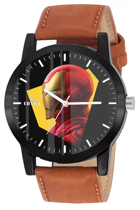 AROA Watch New Watch for Red Marvel Comics Model : 064 Metal Type Analog Watch Brown Leather Strap Black Dial for Men Stylish Watch for Boys