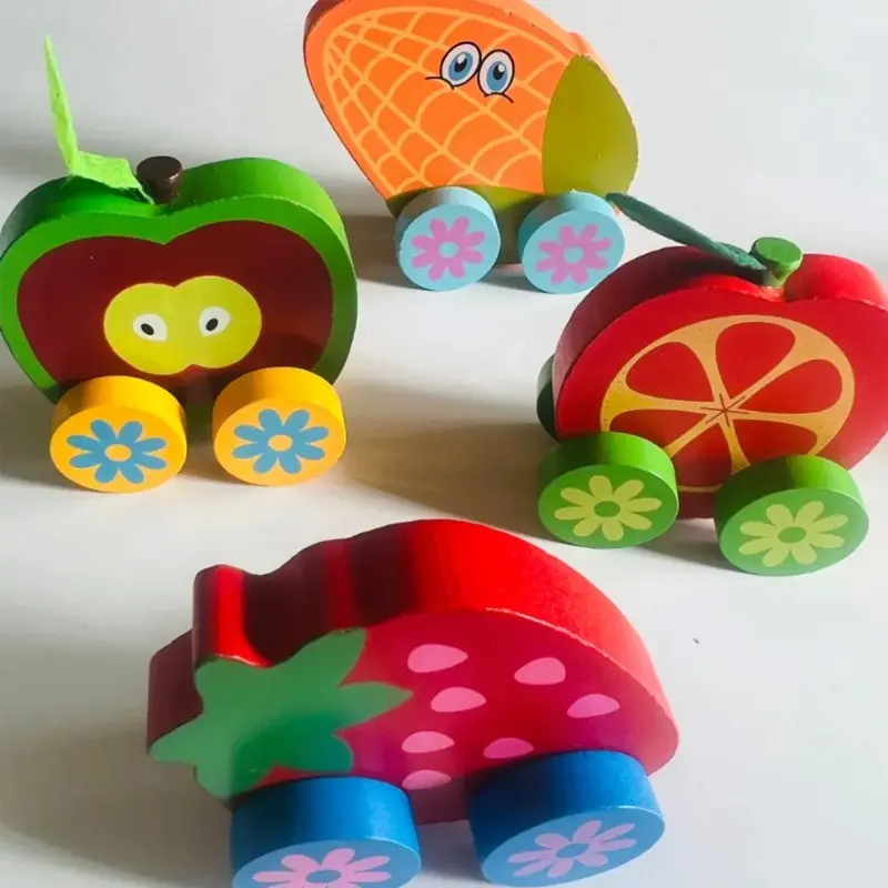 Wooden Fruits vehicles - Montessori Wooden Fruit and Veggie Vehicle Toys – Apple, Corn, Tomato, and Strawberry Cars