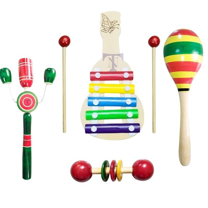 Nimalan's toys Colourful Rattles and Xylophone Toys for Kids - Non-Toxic Attractive Rattle for New Born - Wooden Teether for New Born Babies - Baby Teethers (pack of 4)xylophone S, Tik big, egg rattle