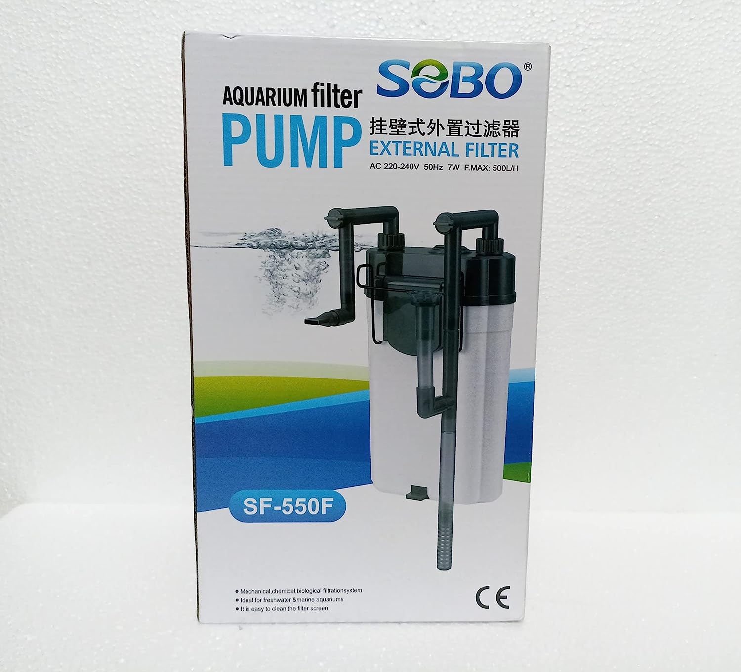 SOBO Aquarium Filter Pump External Filter SF-550F (AC 220-240V 50Hz 7W F.MAX: 500 L/H) with Surface Skimmer