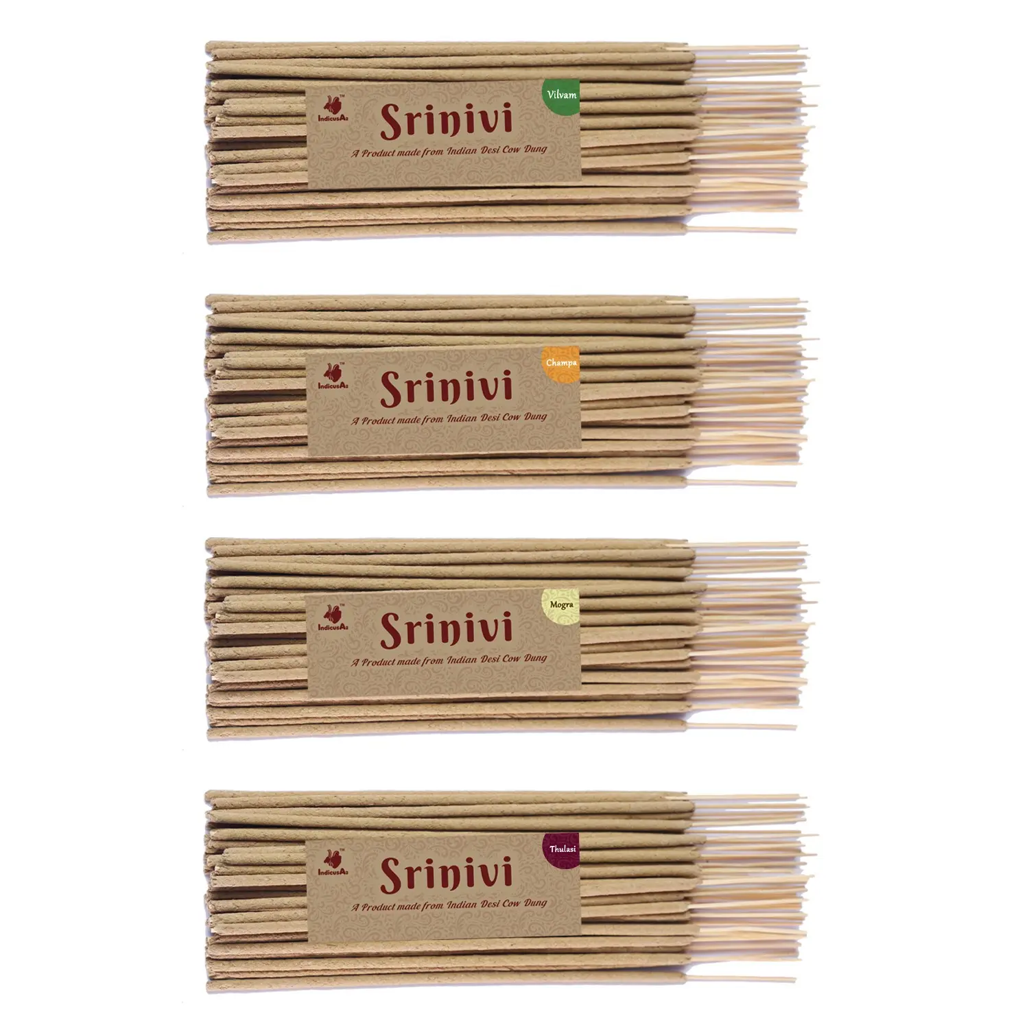 Srinivi Agarbattis - Made up of desi cow dung|Pack of 4|Each pack consists of 35 sticks|Fragrance – Vilvam, Champa, Mogra, Thulasi.