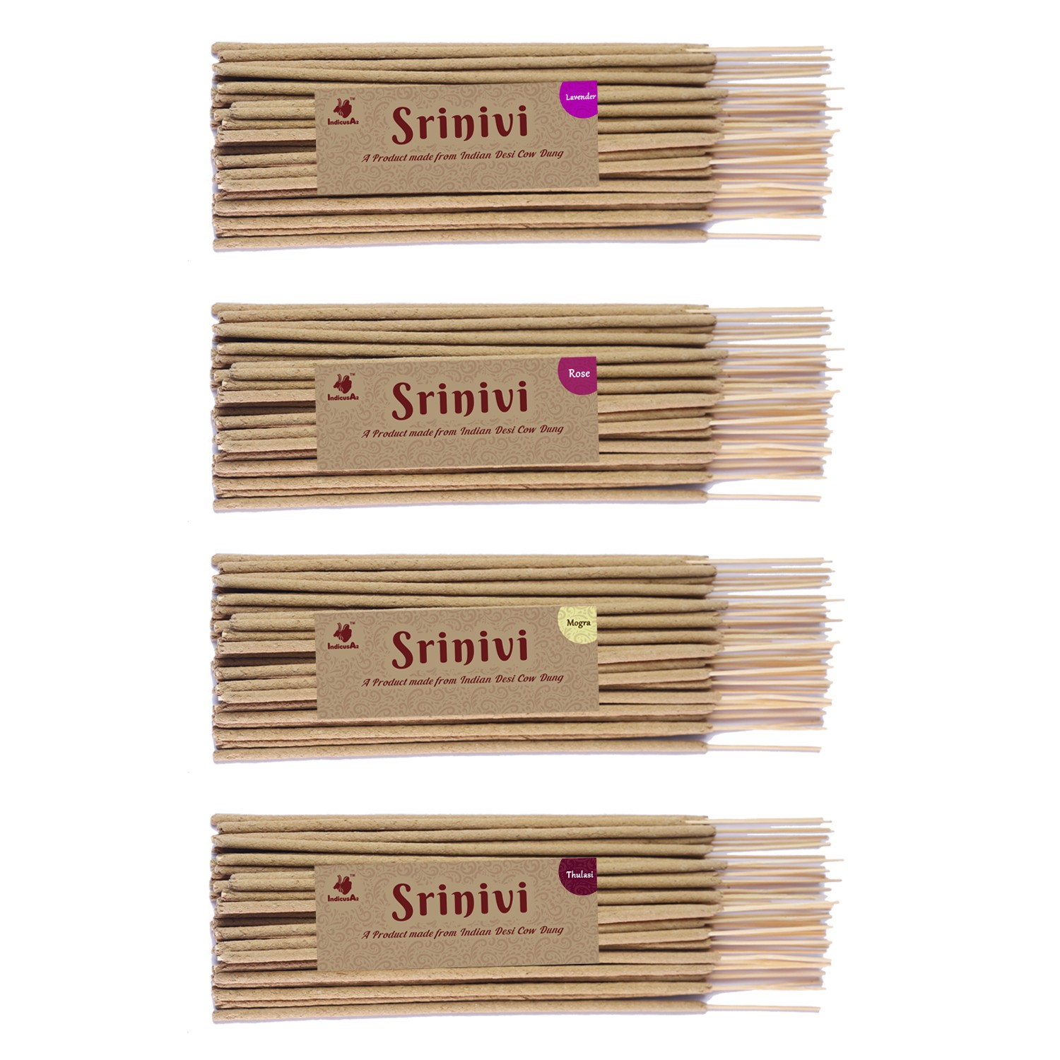 Srinivi Agarbattis - Made up of desi cow dung|Pack of 4|Each pack consists of 35 sticks|Fragrance – Lavender, Rose, Thulasi, Mogra.