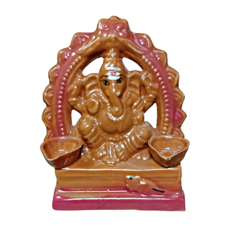 Lord Ganesha Ceramic Sitting Statue Idol (Murti) with Agalvilakku for Home Decor, Office Decor and Pooja Room | Handmade Lord Ganapathi Good Luck Showpiece Gift (Brown) (17 cm).