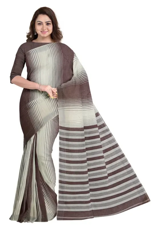 Negamam Cotton Saree - Chocolate/Cream, Soft Plain Striped, 80x80 Count, with Blouse Piece, AADHIRA SILKS, Breathable Fabric, Perfect for Chennai Climate, Everyday Elegance