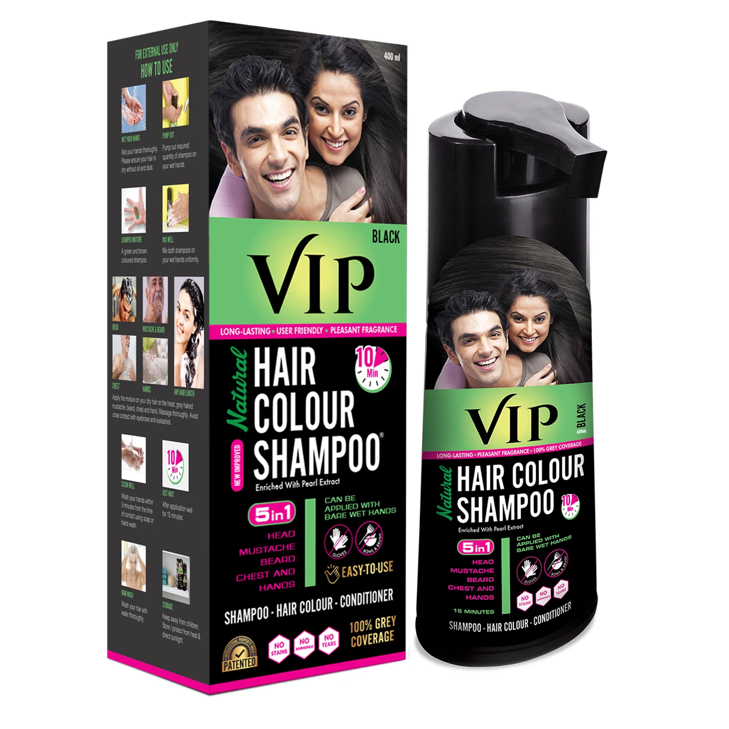 VIP Hair Colour Shampoo 400ml Black, Long-lasting Hair Colour