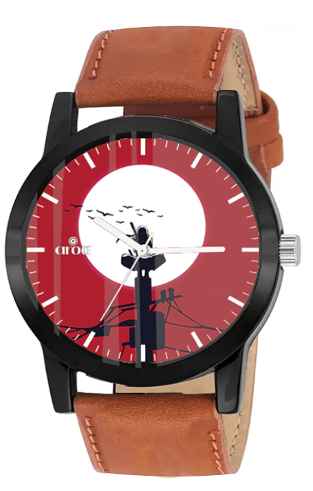 AROA Watch New Watch for Itachi Uchiha Bloody Sky Black Metal Type Analog Watch Brown Leather Strap Orange Dial for Men Stylish Watch for Boys