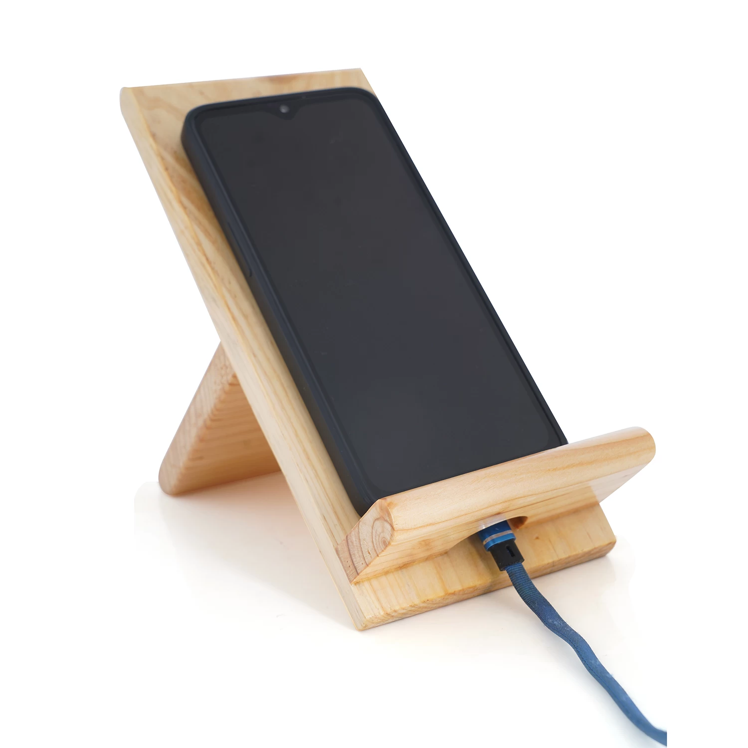 Wooden Mobile Stand - Portable Phone Holder with Plug Socket - Wooden Desk Stand for All Smartphones & iPhones - Tabletop Cell Phone Stand - Charging Station